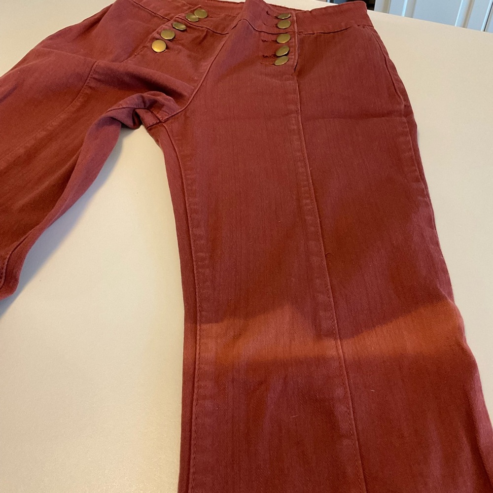 Forever 21 Highwaist Flare Leg Maroon Jeans Double Button Front Faded Spot Sz 26 - Picture 9 of 14